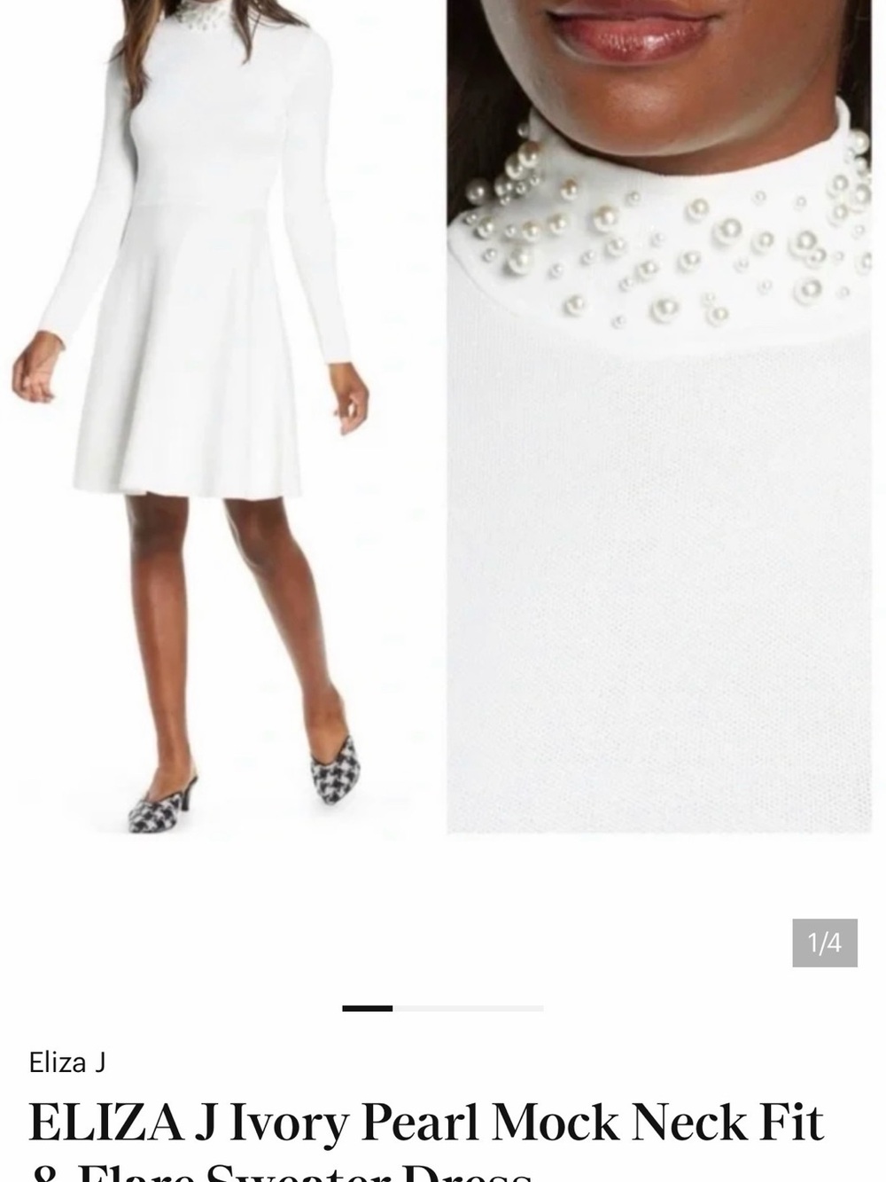 Eliza J White Pearl-Embellished Mock Neck Fit & Flare Dress